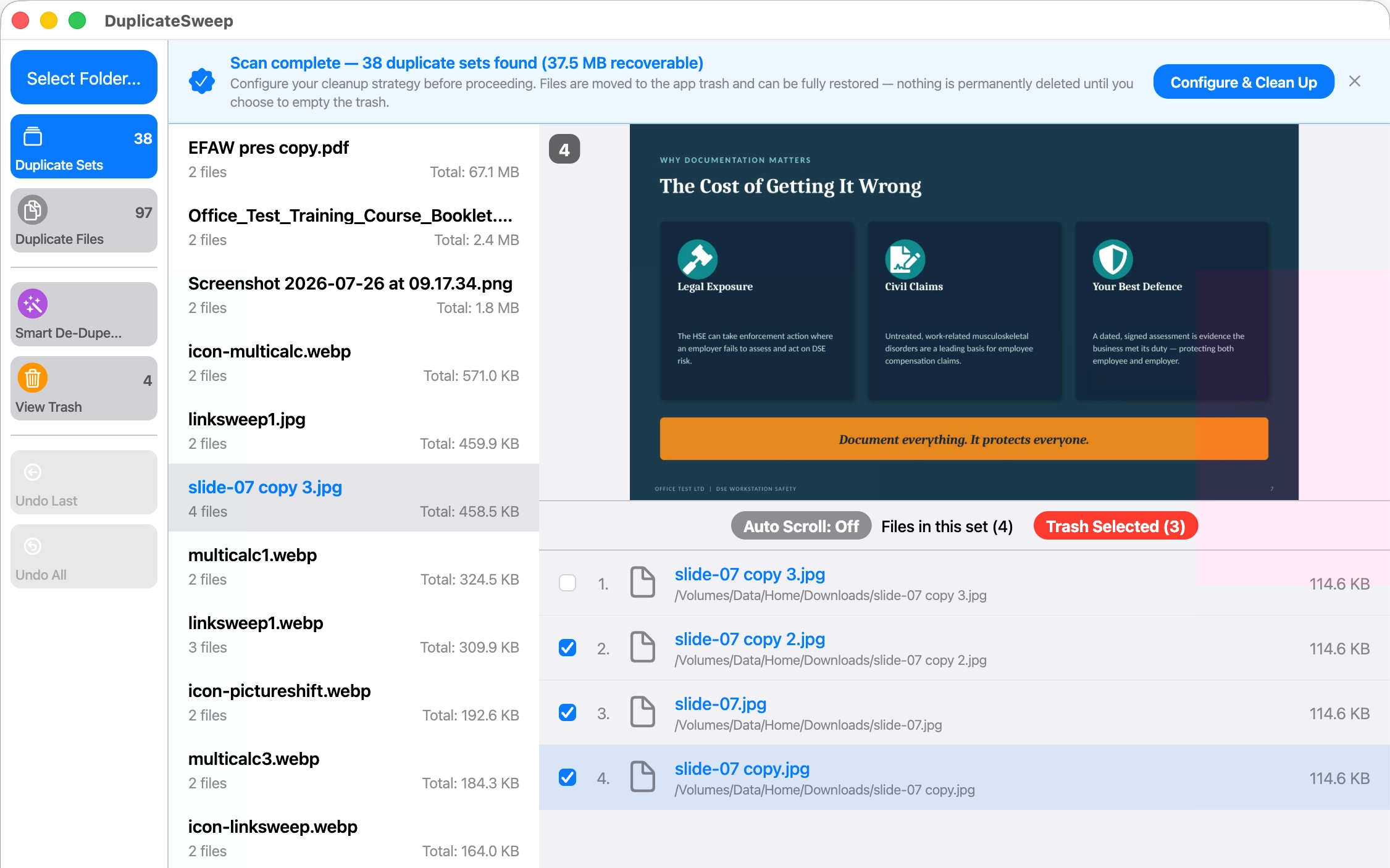 DuplicateSweep internal trash preview screenshot
