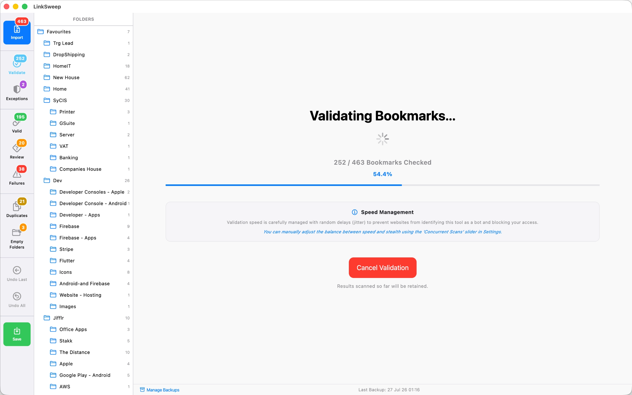 LinkSweep active bookmark diagnostic status screenshot