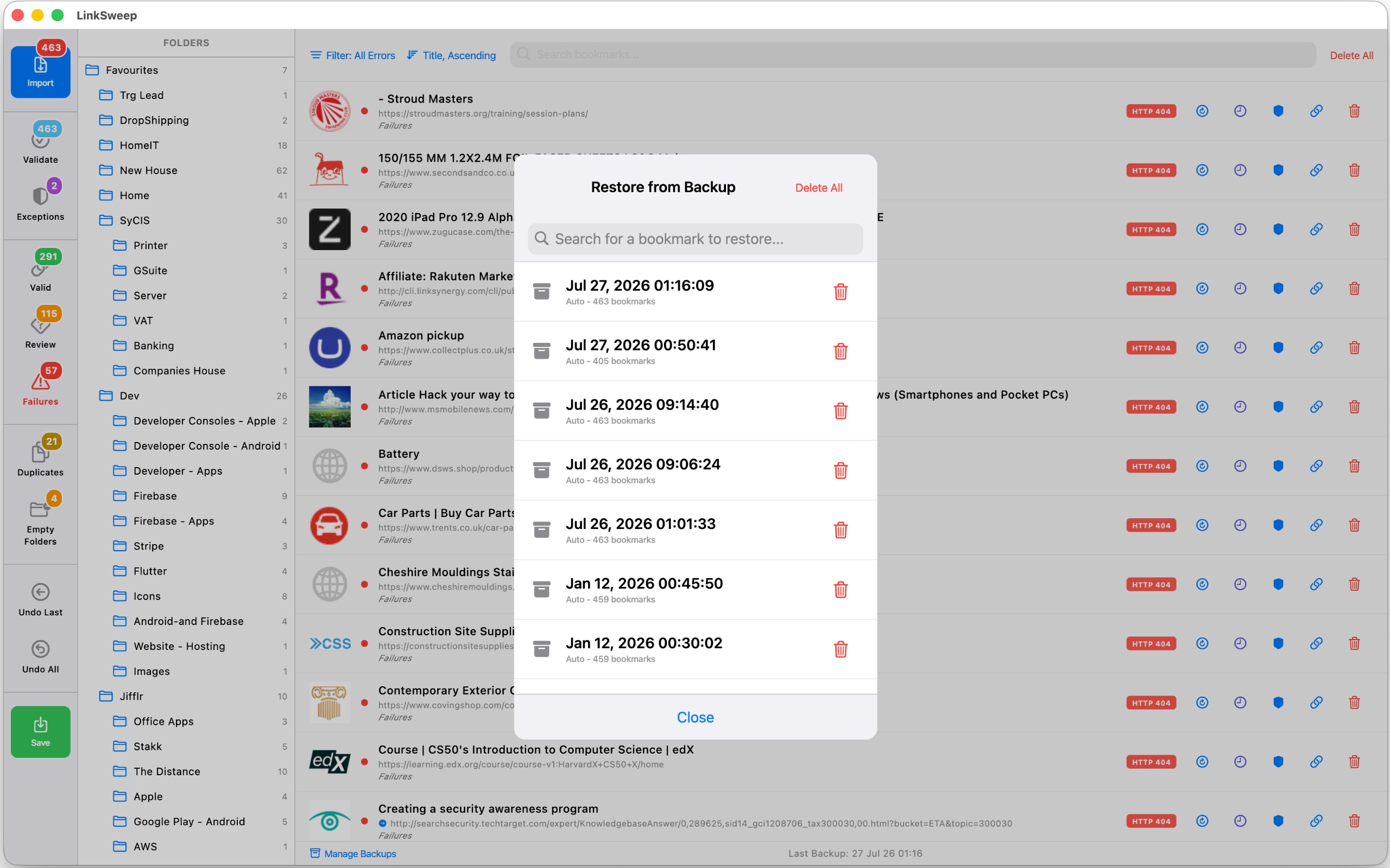 LinkSweep local options configuration window screenshot