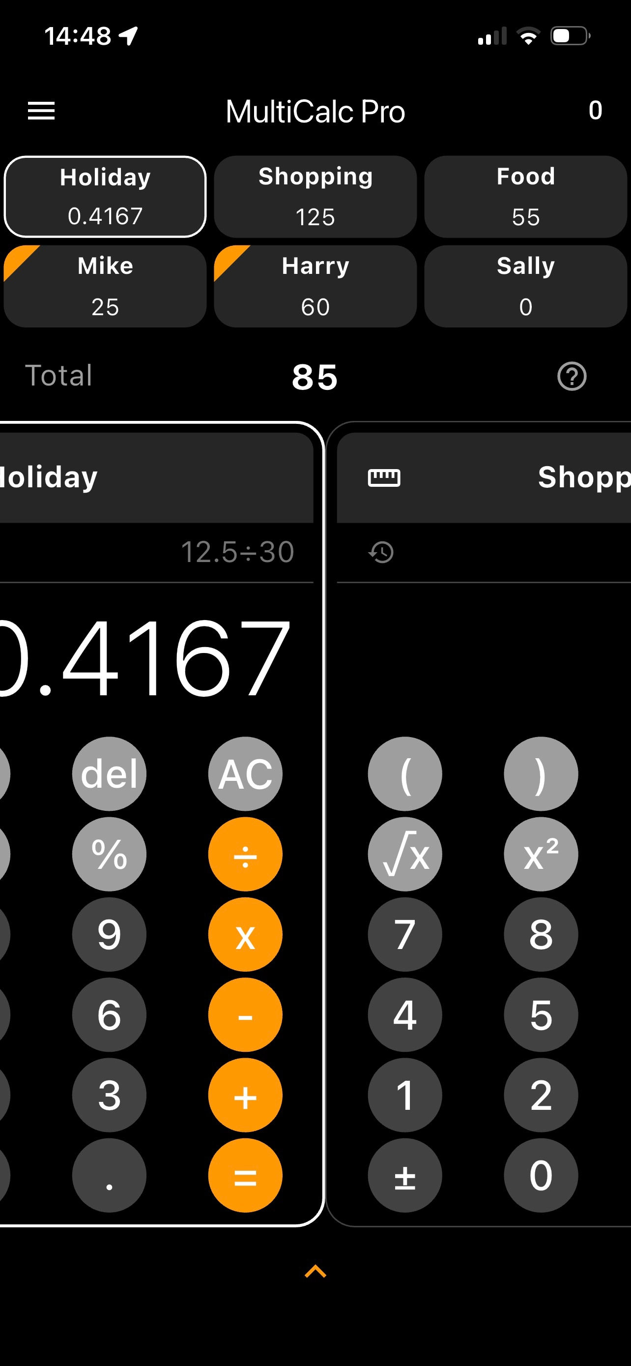 MultiCalc active calculation interface screen screenshot