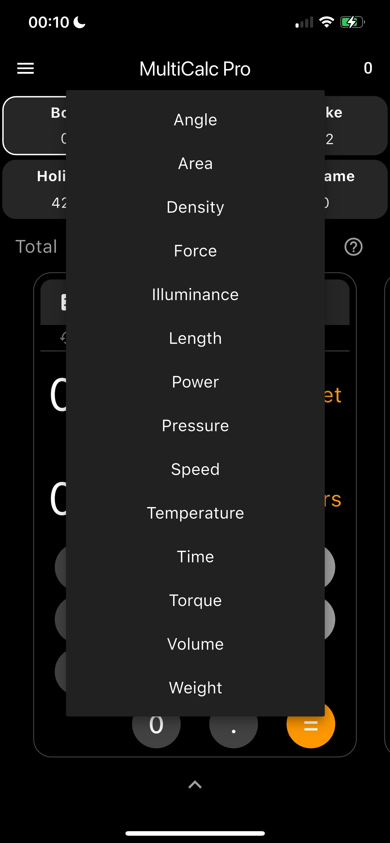 MultiCalc app theme customization panel screenshot