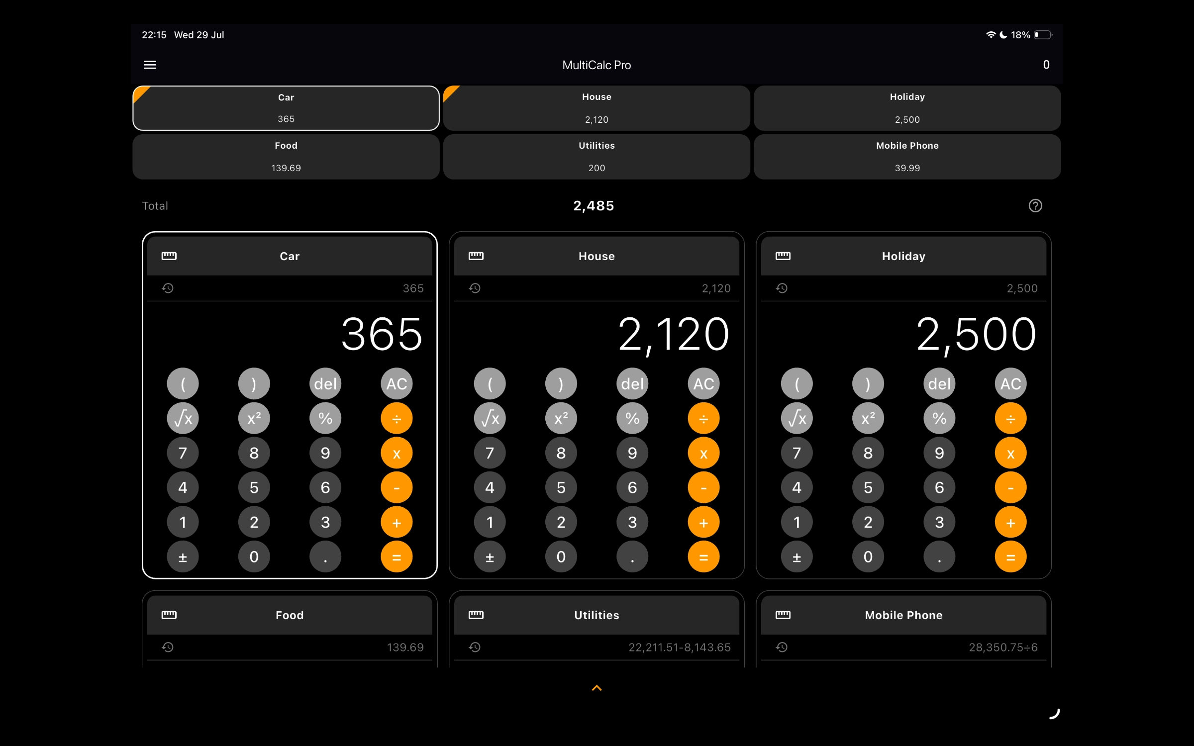 MultiCalc tablet multi-pane math workspace view screenshot