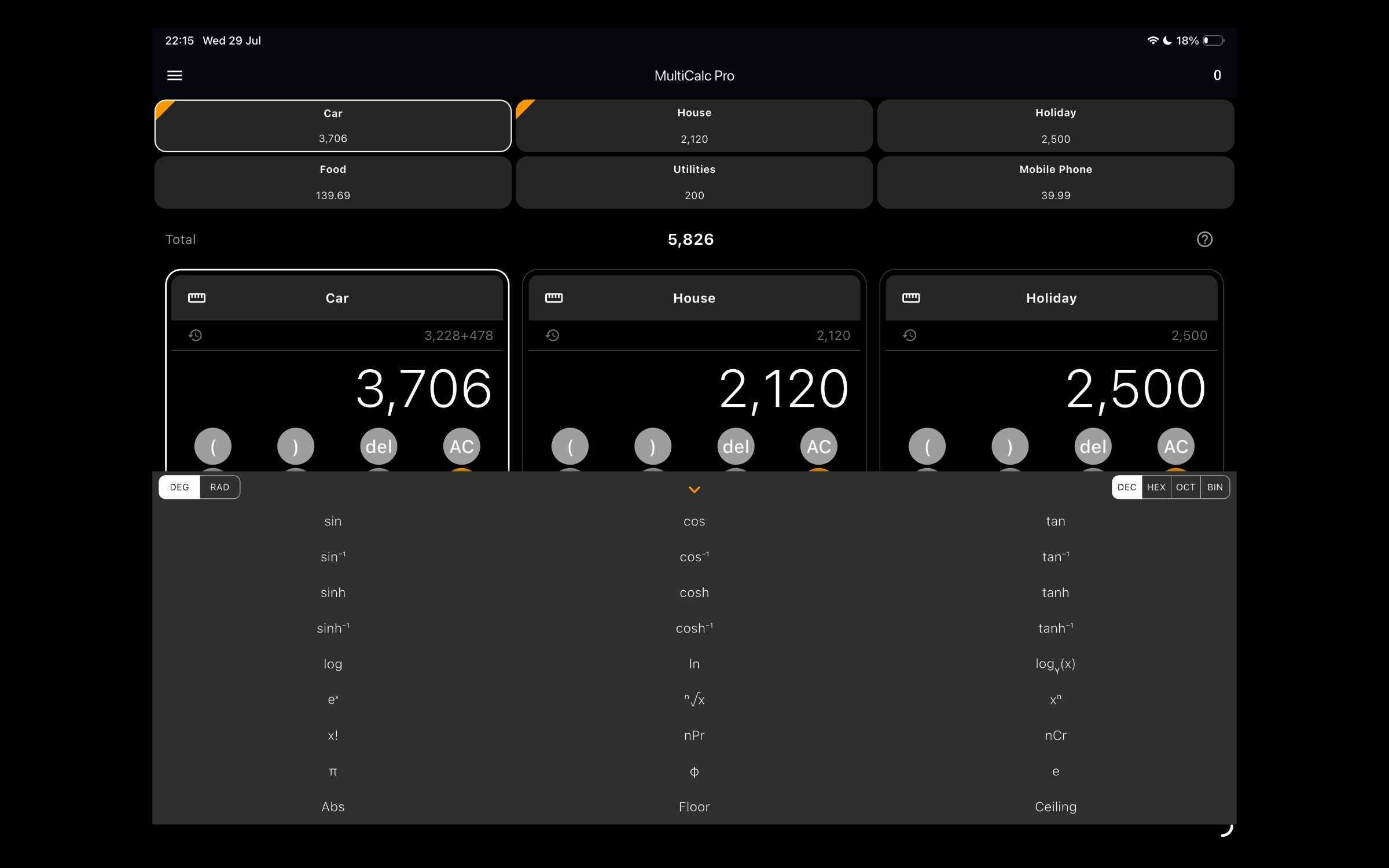 MultiCalc tablet split totalizer view screenshot