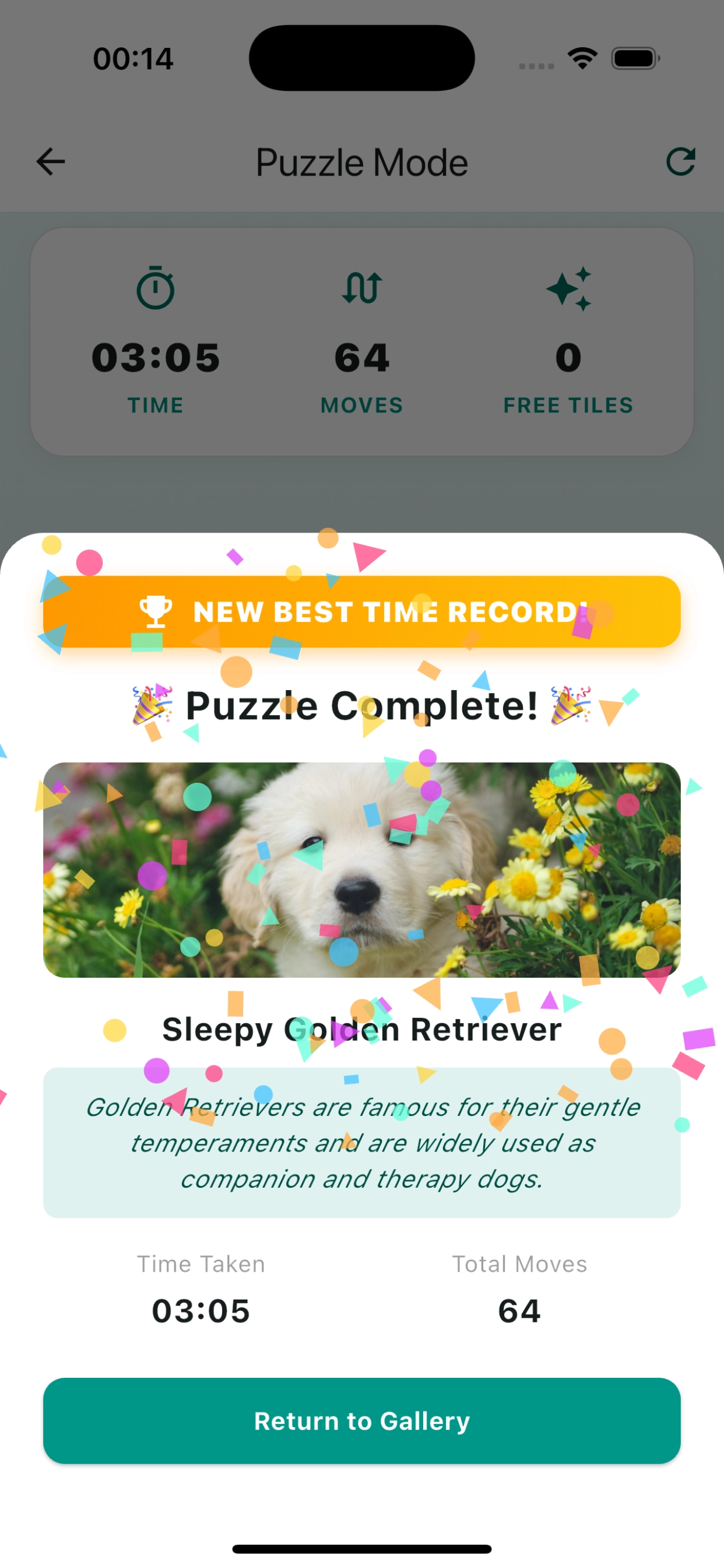 PictureShift successful completion screen showing best times screenshot