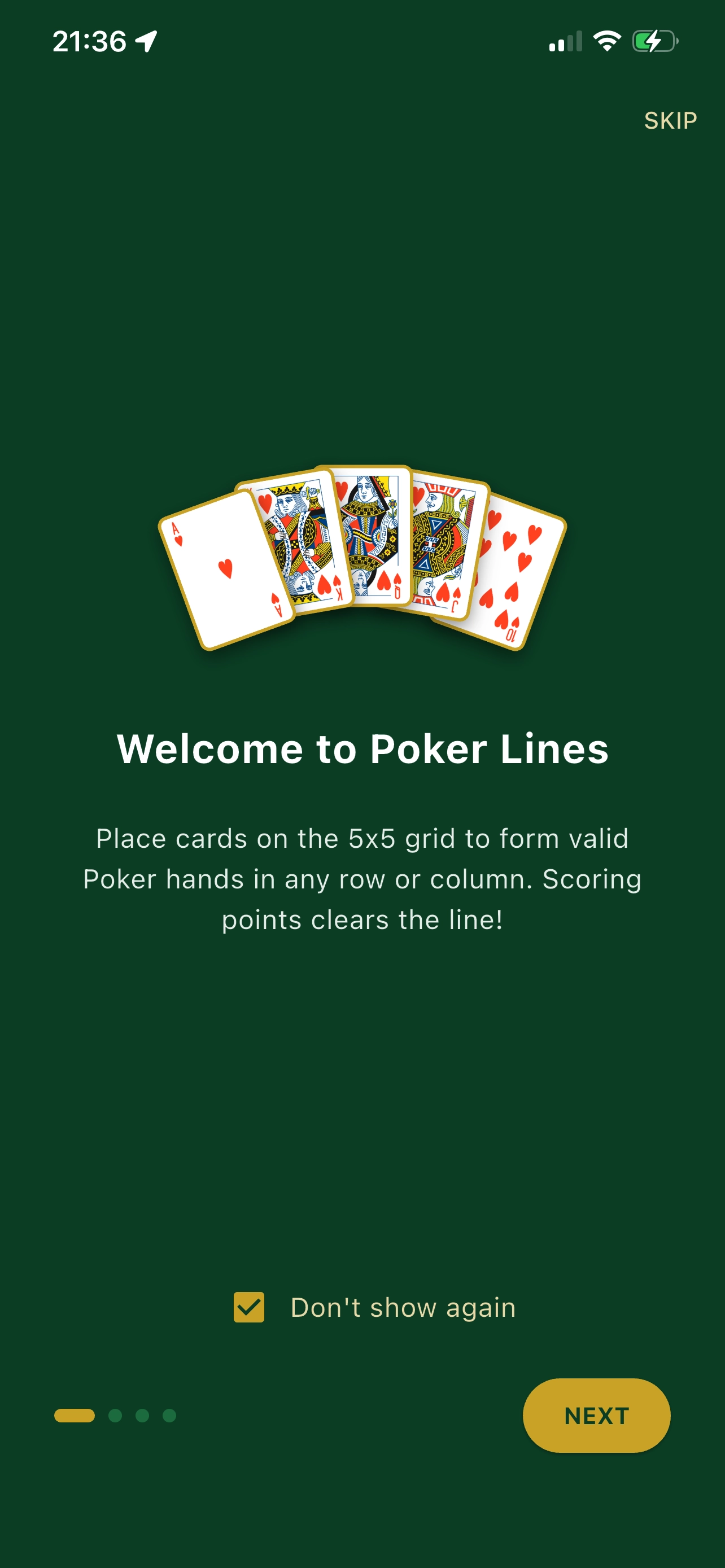 Poker Lines on-boarding screen
