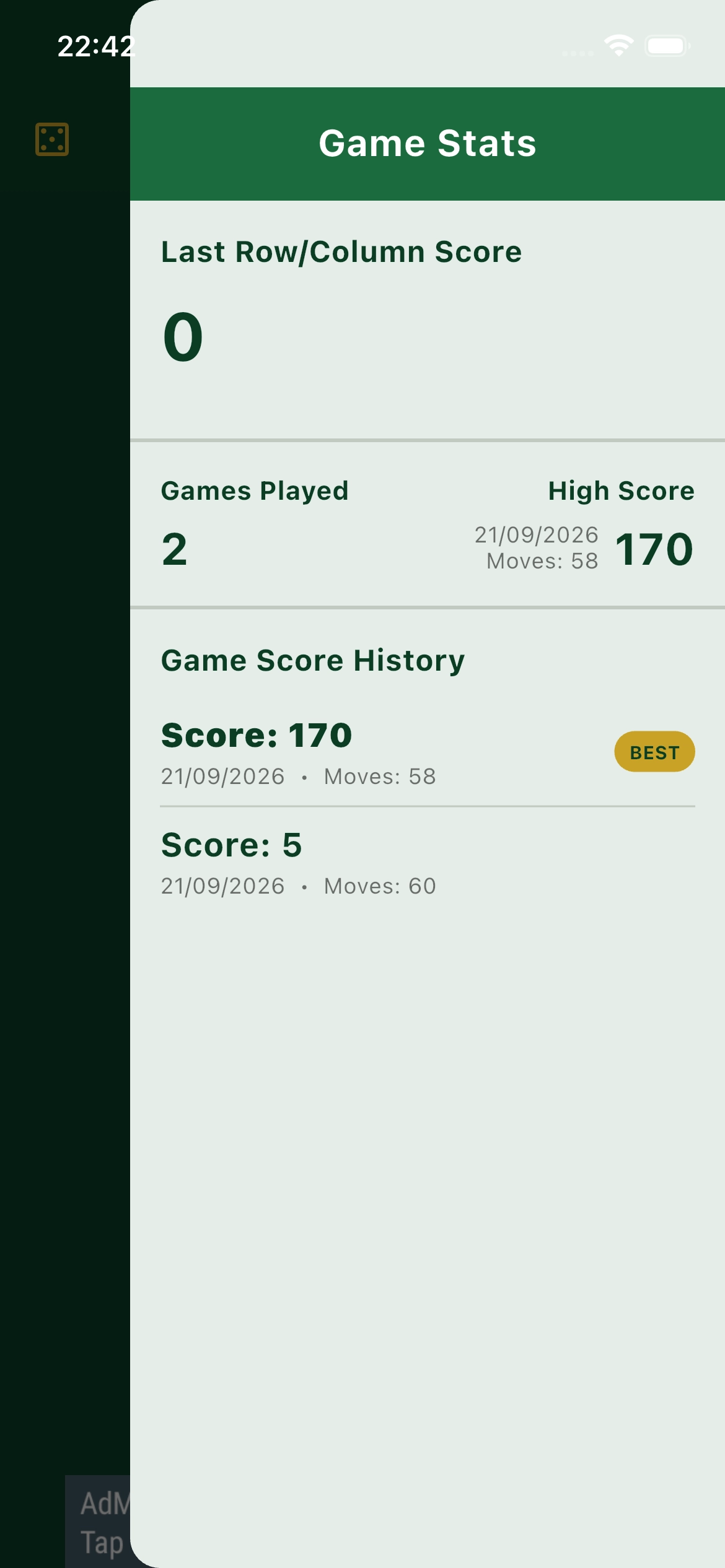 Poker Lines game stats and history screenshot