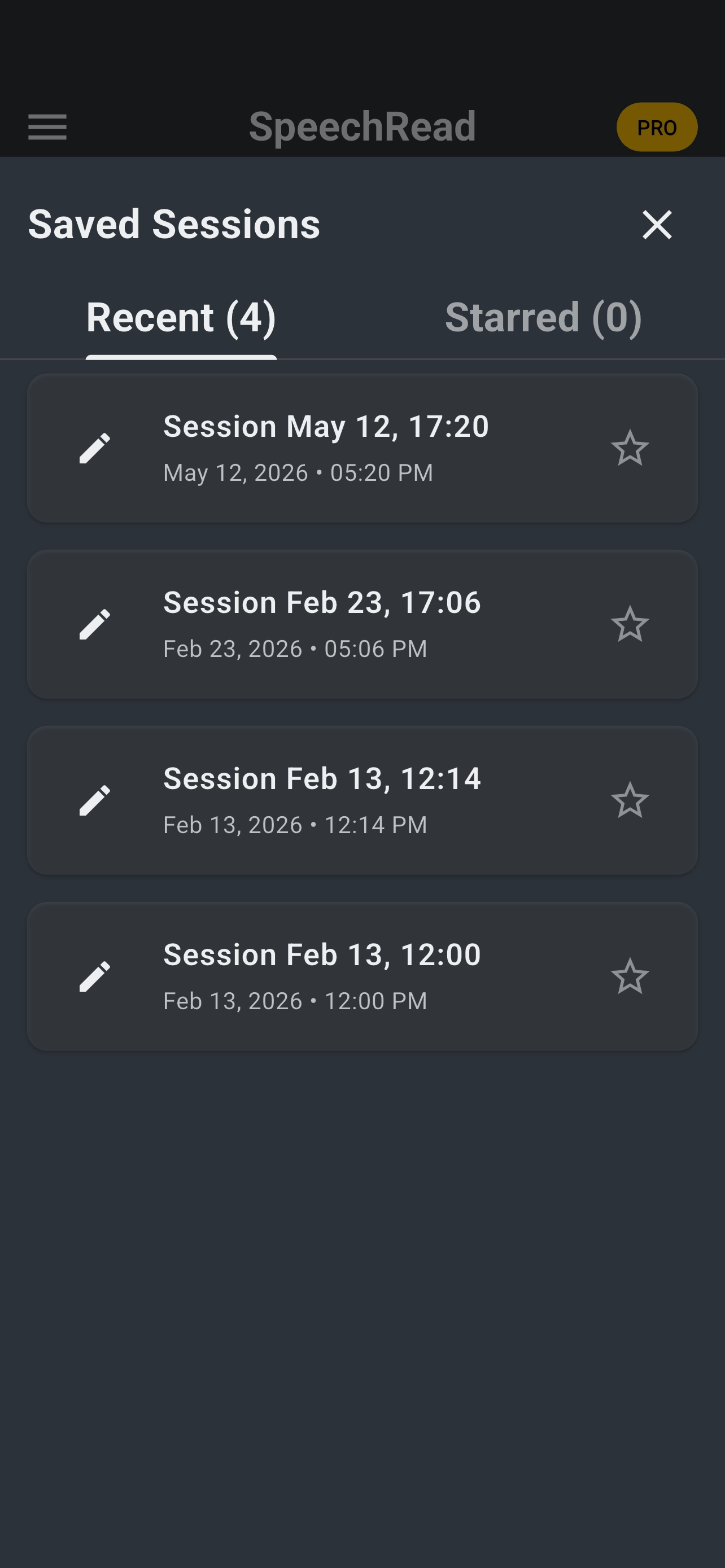SpeechRead saved transcripts index screenshot